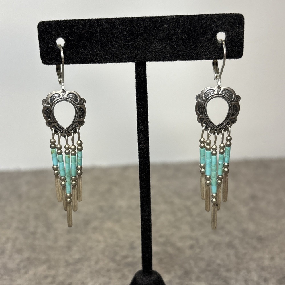 Southwestern Turquoise Bead Chandelier Earrings Silver Tone 2.75" Dangle Boho